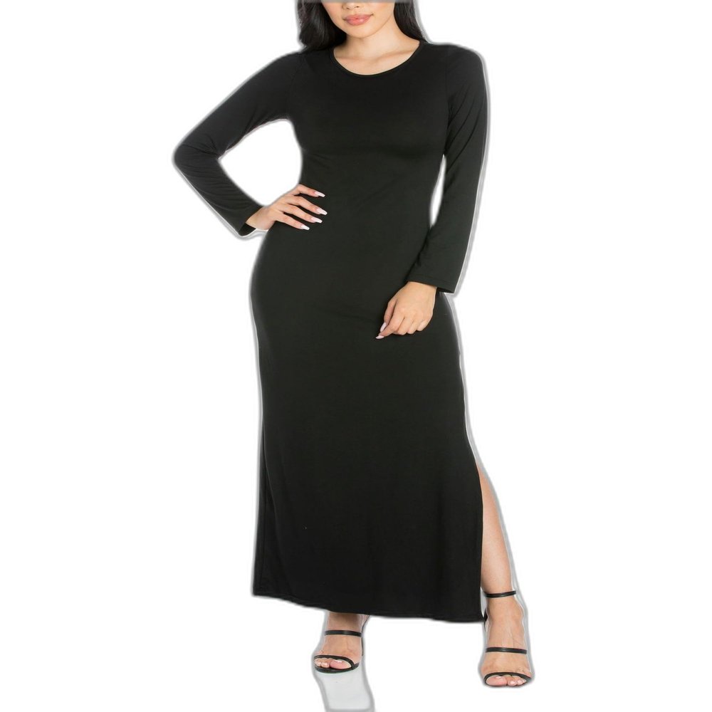 24seven Comfort Apparel Womens Long Sleeve Side Slit Fitted Maxi Dress Black XL