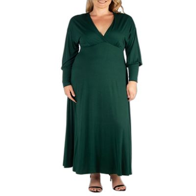 24seven Comfort Apparel Womens Plus V-Neck Bishop Sleeve Maxi Dress Green 2X