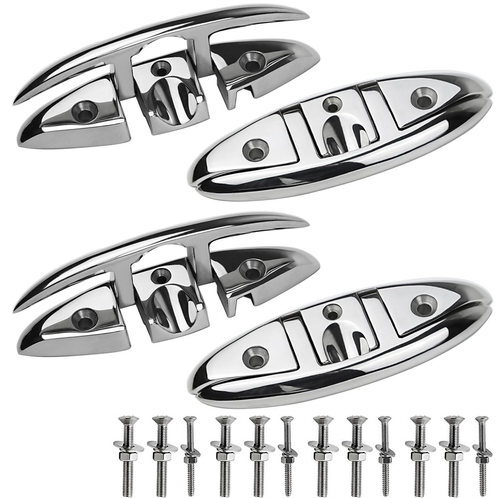 MEMUME Folding Boat Cleats 5" 6" 316 Stainless Steel Flip up Dock Cleats Marine Grade Rope Cleat for Deck, Yacht with Fasteners (5" 4 Pack)