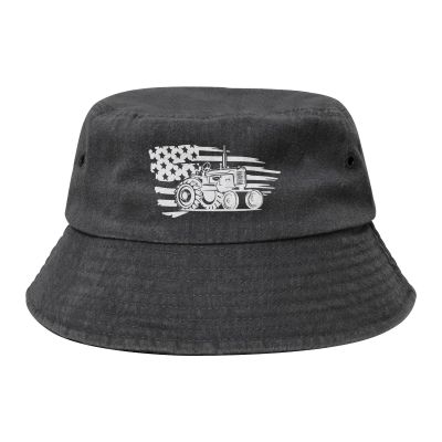 NineFit Basics Tractor American Flag Washed Denim Bucket Cap Fisherman Sunhat Retro Wide Brim Beach Cowboy Hat, Black