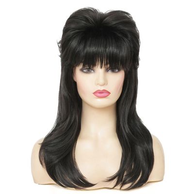 Dai Cloud Black 80s Long Wig for Women Mullet Wigs Layered Funny Wig with Bangs Natural fluffy Synthetic Wigs for Halloween Daily Party Use
