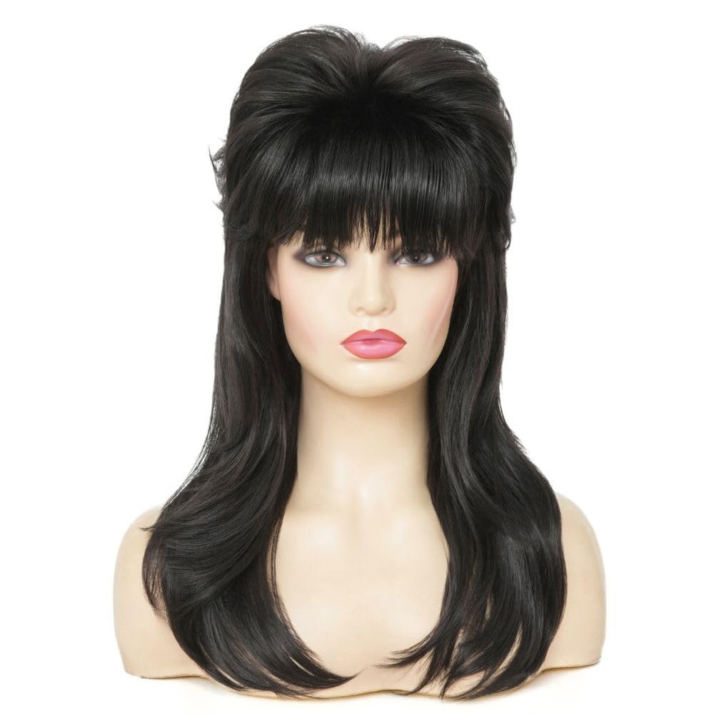 Dai Cloud Black 80s Long Wig for Women Mullet Wigs Layered Funny Wig with Bangs Natural fluffy Synthetic Wigs for Halloween Daily Party Use