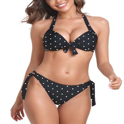 Colloyes Womens Black Polka Dot Two Piece Bikini Sets Push Up Halter Bikini Bathing Suit Adjustable 2 Piece Swimsuit Underwire Bikini Swimwear for Women Size XX-Large