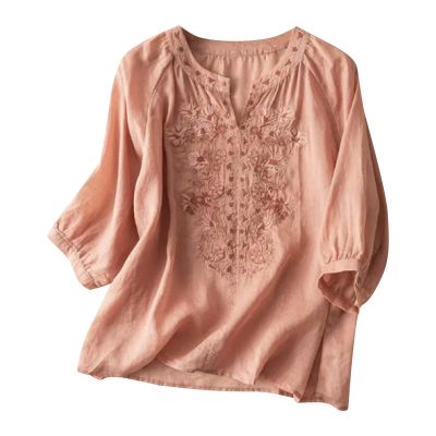 Akklian Boho Clothes for Women Cotton Linen Tops Button 3/4 Sleeve Summer Tops Crewneck Casual Outfits Gauze Shirt Tunic Tops