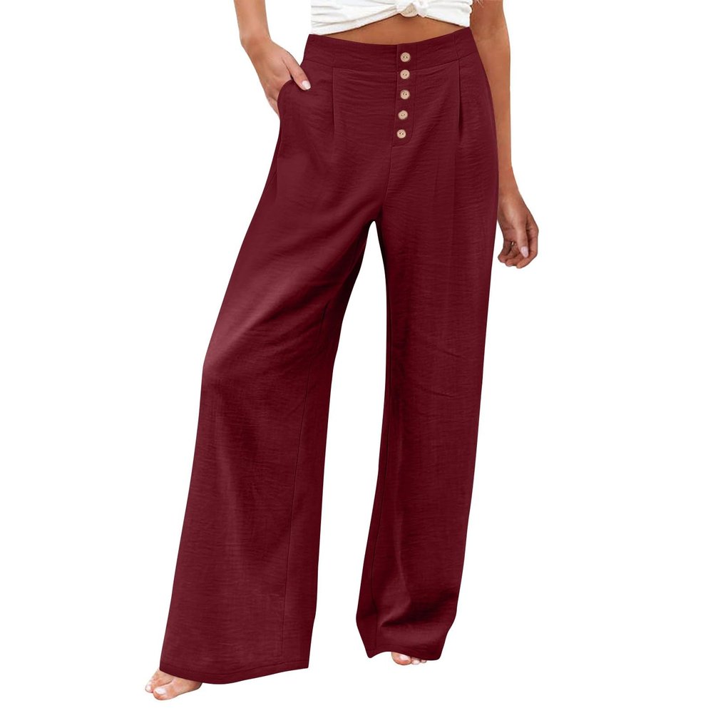 Women High Waist Casual Wide Leg Long Palazzo Pants Trousers Petite Wide Leg Pants Women Smocked Waist Loose Fit Lounge Pants Fashion High Waisted Cotton Linen Straight Trouser Pants