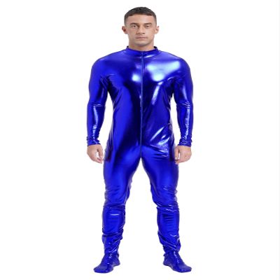 Vxuxlje Men's Metalic Shiny One Piece Unitard Bodysuit Long Sleeve Zipper Front Zentai Jumpsuits Blue Large