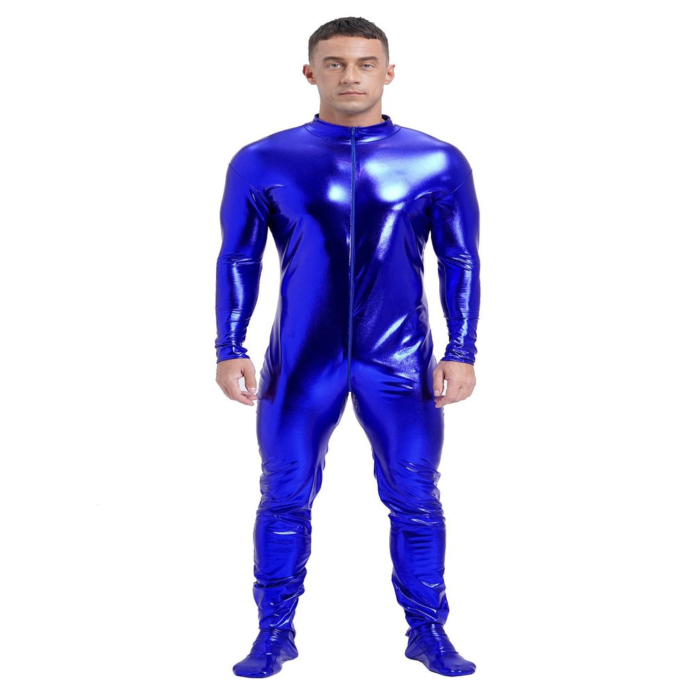 Vxuxlje Men's Metalic Shiny One Piece Unitard Bodysuit Long Sleeve Zipper Front Zentai Jumpsuits Blue Large