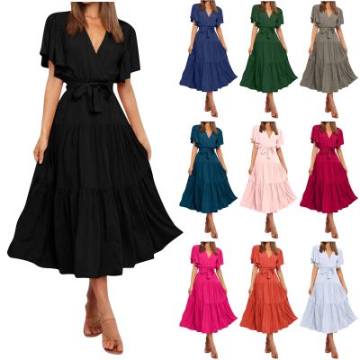 FQFGGYD Women's Flowy Midi Dresses Deep V-Neck Lace-up Maxi Dress Solid Color Ruffled Short Sleeve Waist Summer Boho Dress
