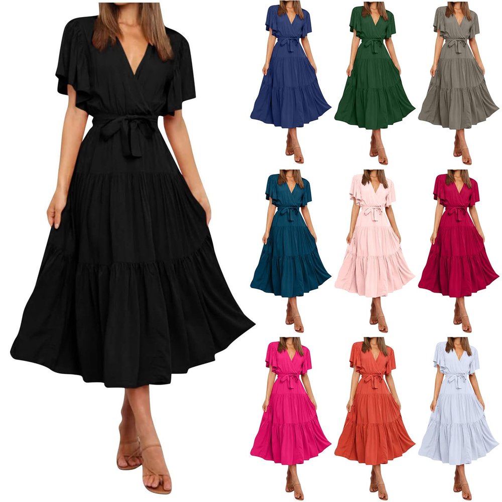FQFGGYD Women's Flowy Midi Dresses Deep V-Neck Lace-up Maxi Dress Solid Color Ruffled Short Sleeve Waist Summer Boho Dress