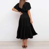 FQFGGYD Women's Flowy Midi Dresses Deep V-Neck Lace-up Maxi Dress Solid Color Ruffled Short Sleeve Waist Summer Boho Dress view 4