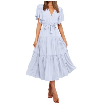 FQFGGYD Women's Flowy Midi Dresses Deep V-Neck Lace-up Maxi Dress Solid Color Ruffled Short Sleeve Waist Summer Boho Dress