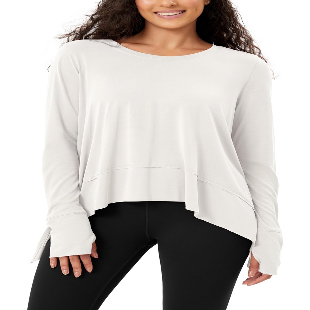 ODODOS Women's Modal Soft Long Sleeve Tee with Thumb Hole Athletic Gym Workout Tops Yoga Shirts, White, X-Small