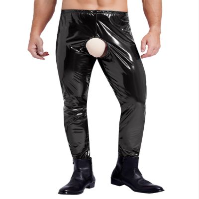 Agoky Men's Latex Leggings Shiny PVC Leather Tights Pants Elastic Waistband Stretchy Trousers Black Large