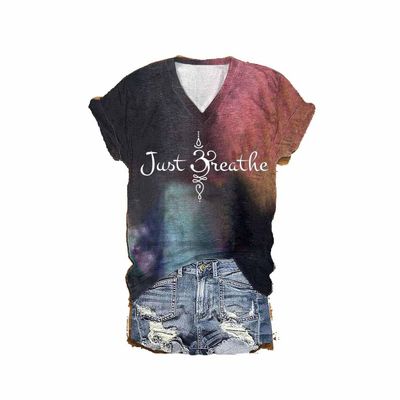 MOGUI Breathe Symbol Shirt Breathe Symbol Tshirt Womens Just Breathe Long Sleeve Shirt Dandelion Graphic T-Shirts Cute Fun Positive Gift Tee Shirt Positive Saying V-Neck Shirt, X-Large, Tiedye