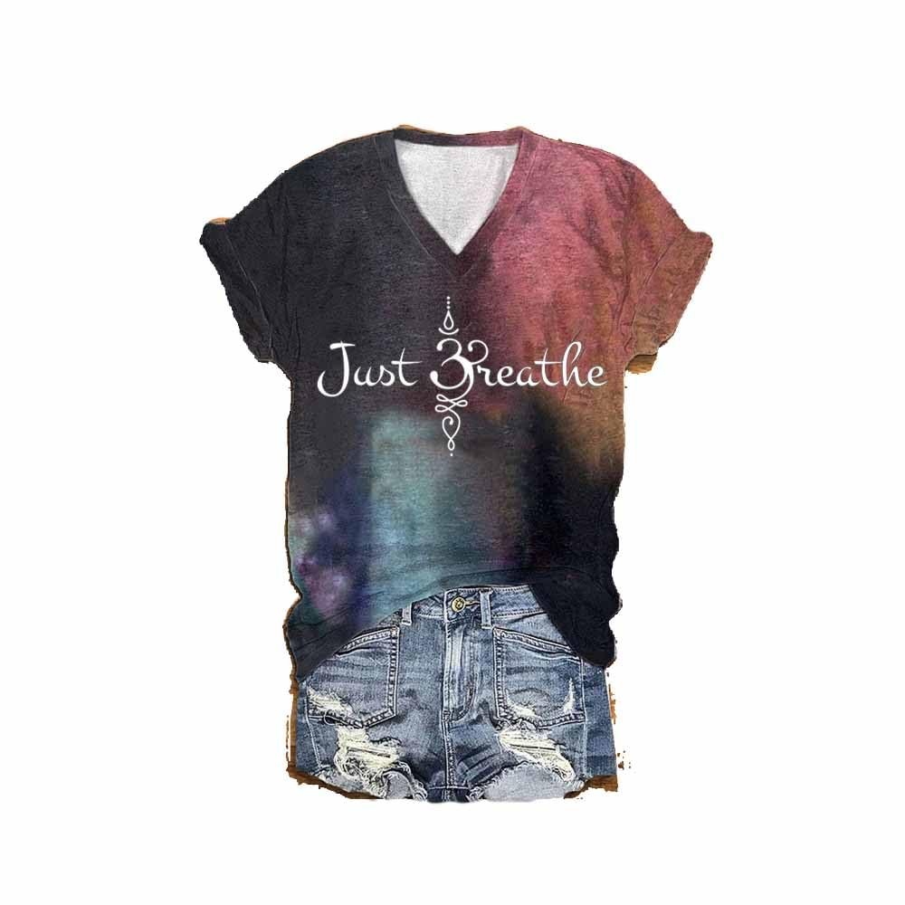 MOGUI Breathe Symbol Shirt Breathe Symbol Tshirt Womens Just Breathe Long Sleeve Shirt Dandelion Graphic T-Shirts Cute Fun Positive Gift Tee Shirt Positive Saying V-Neck Shirt, X-Large, Tiedye