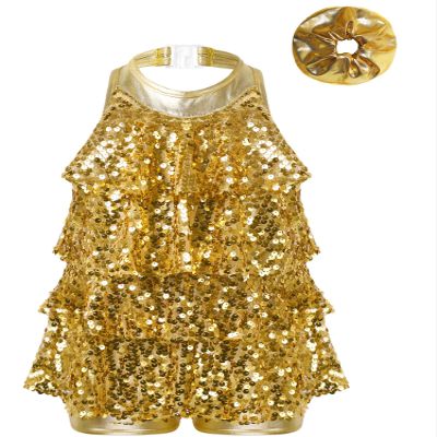Lorilida Girls Sequins Latin Dance Dress LeotardKids Sparkly Jazz/Modern/Ballet Dance Costume Set Gold B 6 Years