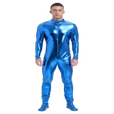 Vxuxlje Men's Metalic Shiny One Piece Unitard Bodysuit Long Sleeve Zipper Front Zentai Jumpsuits Sky Blue XX-Large