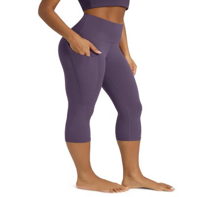 ODODOS Women's High Waisted Yoga Capris with Pockets,Tummy Control Non See Through Workout Sports Running Capri Leggings, Dark Purple, XX-Large