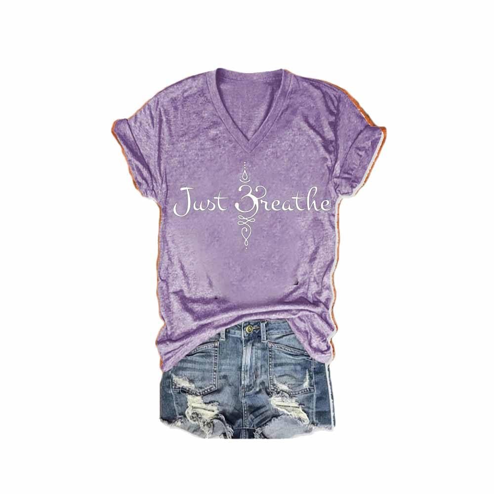 MOGUI Just Breathe T Shirts for Women V Neck Just Breathe Tshirt Lotus Flower Shirt Short Sleeve Inspirational Gift, 4X-Large, Purple