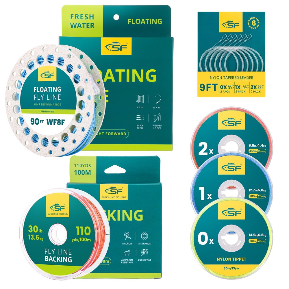 SF Fly Fishing Floating Line Starter Kit Sky Blue 90FT WF8F with Welded Loop, Backing, Tapered Leader, and Tippet Replacement for Freshwater.