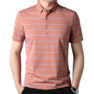 Generic Men's Stripe Polo Shirts Short Sleeve Cotton Pique Golf Shirt Casual Collared Shirt Lightweight Shirts with 3 Buttons (Large,Red)
