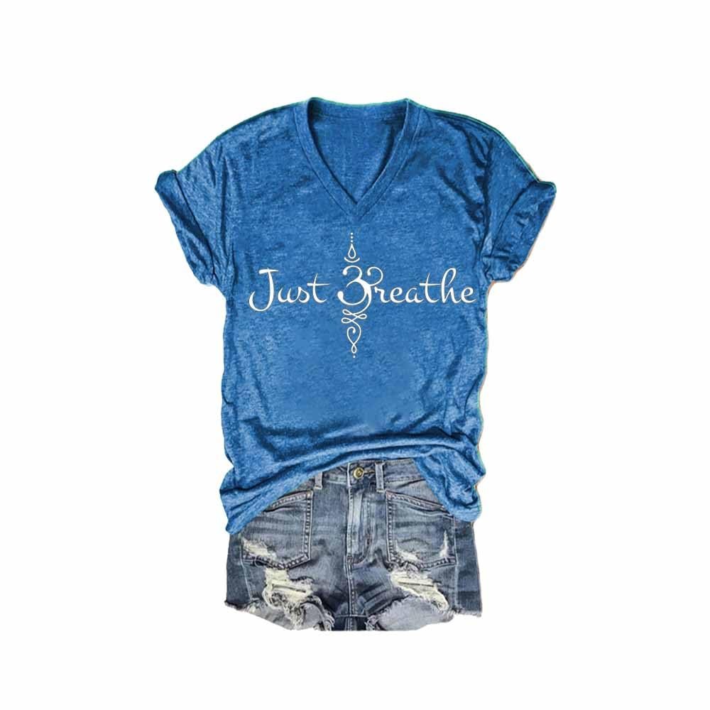 MOGUI Just Breathe Tshirt Just Breathe Tank Top Fun Tshirts for Women Fun Positive Gift Tee Shirt Positive Saying V-Neck Shirt Blue, Medium