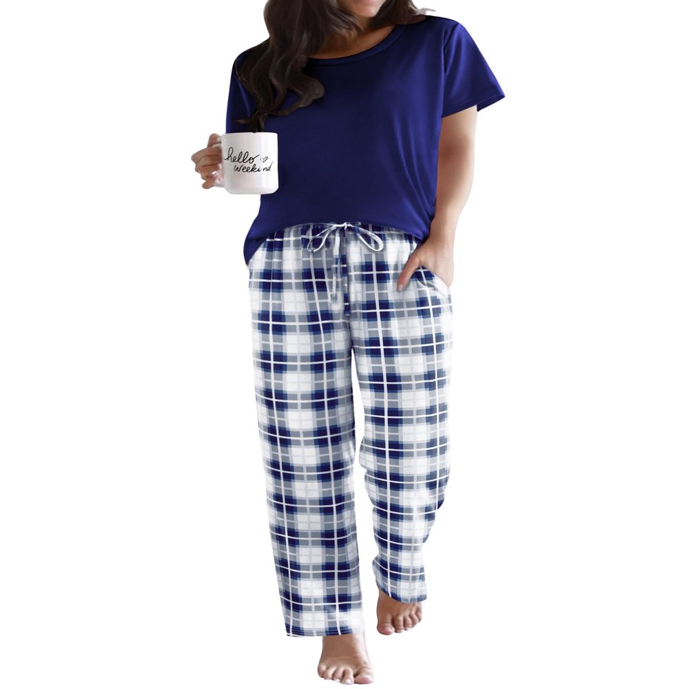 Ekouaer Pajama Sets for Women Round Neck Pjs Short Sleeve Sleepwear with Long Pants Loose Lounge Sets Navy Blue-white Plaid Medium