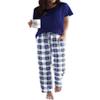 Ekouaer Pajama Sets for Women Round Neck Pjs Short Sleeve Sleepwear with Long Pants Loose Lounge Sets Navy Blue-white Plaid Medium view 1