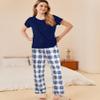 Ekouaer Pajama Sets for Women Round Neck Pjs Short Sleeve Sleepwear with Long Pants Loose Lounge Sets Navy Blue-white Plaid Medium view 2