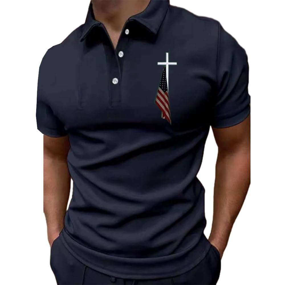 USA Flag Cross Shirt - American Flag Polo for Men - 4th of July & Independence Day T-Shirts