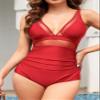 SHEKINI Mesh Swimsuit Women V Neck Tummy Control Swimwear Full Coverage One Piece Bathing Suit(Red,XXL) view 3