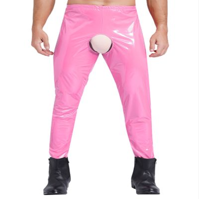 Eandarui Mens Patent Leather Leggings Shiny Metallic Hollow Out Long Pants High Waist Trousers Rave Outfits Pink 3X-Large