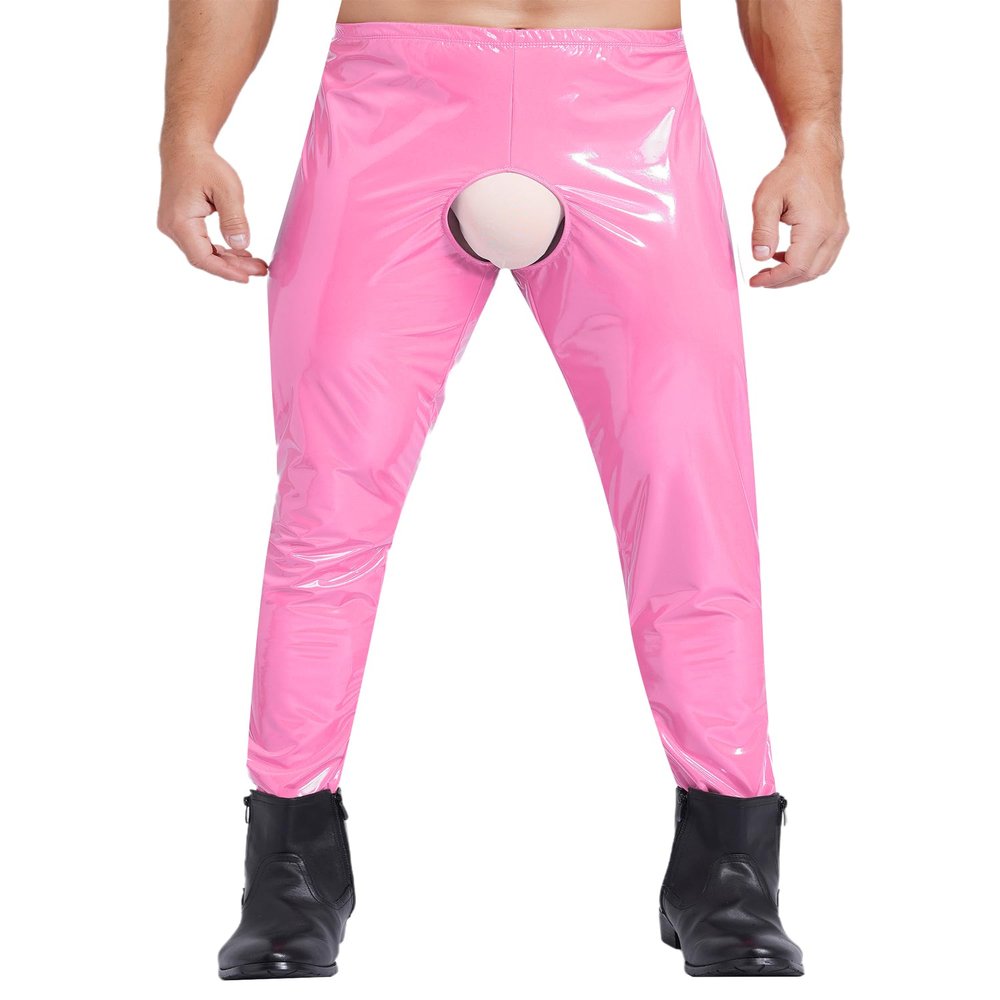 Eandarui Mens Patent Leather Leggings Shiny Metallic Hollow Out Long Pants High Waist Trousers Rave Outfits Pink 3X-Large