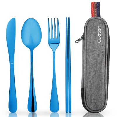 Travel Utensils with Case, Quatish Portable Silverware Set for Work, Stainless Steel Reusable Travel Cutlery, Fork and Spoon Set for Camping, Picnic, Gadgets, Lunch Box for Men, Christmas Gift, Blue