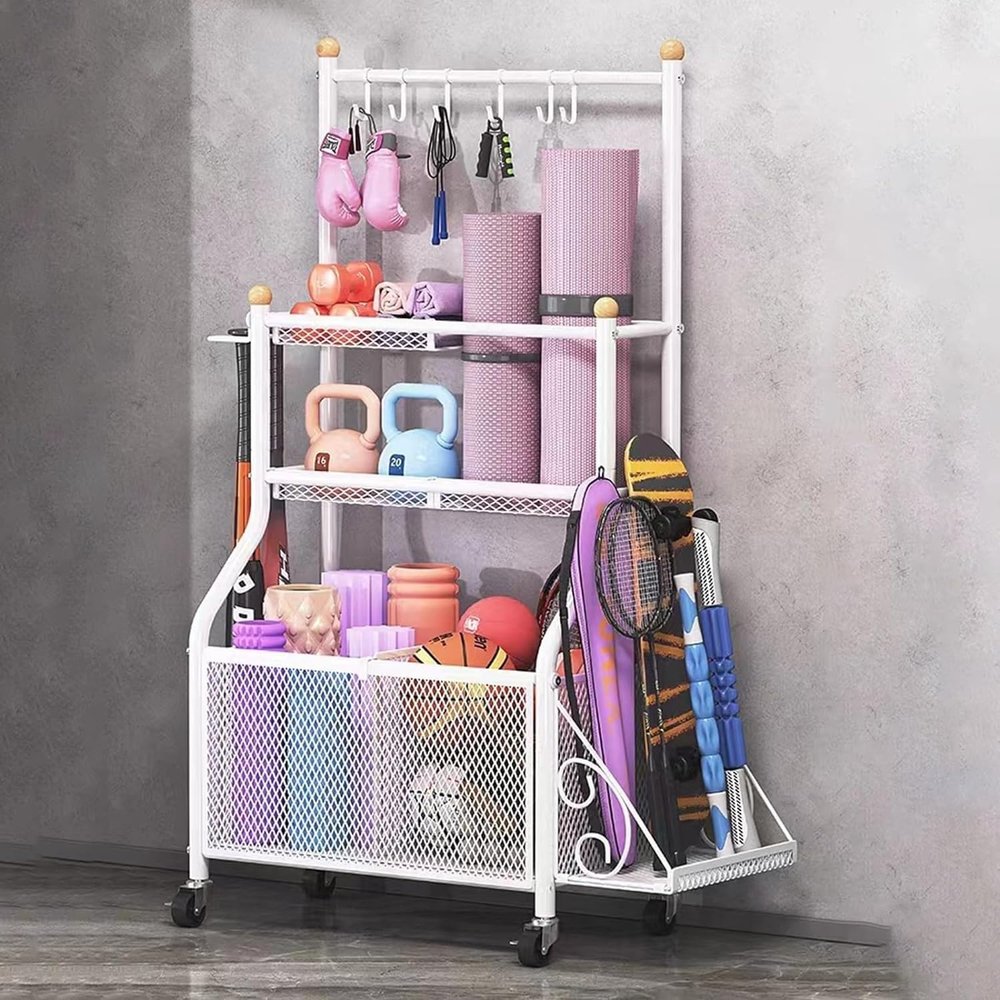 Aimery Yoga Mat Storage Rack with 4 Wheels and 6 Hooks,Removable Weight Holder with Side Basket,Home Gym Equipment Organizer for Dumbbells Kettlebells Balls Etc (Color : White)