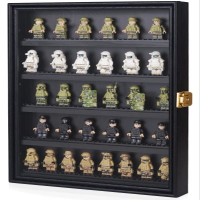 Minifigure Display Case 11X14 Inch with Lock,Figures Building Block Toy Wooden Shadow BoxMiniature Collectibles Display Cabinet Wall Mount or Tabletop for Storage Mini Figure Black