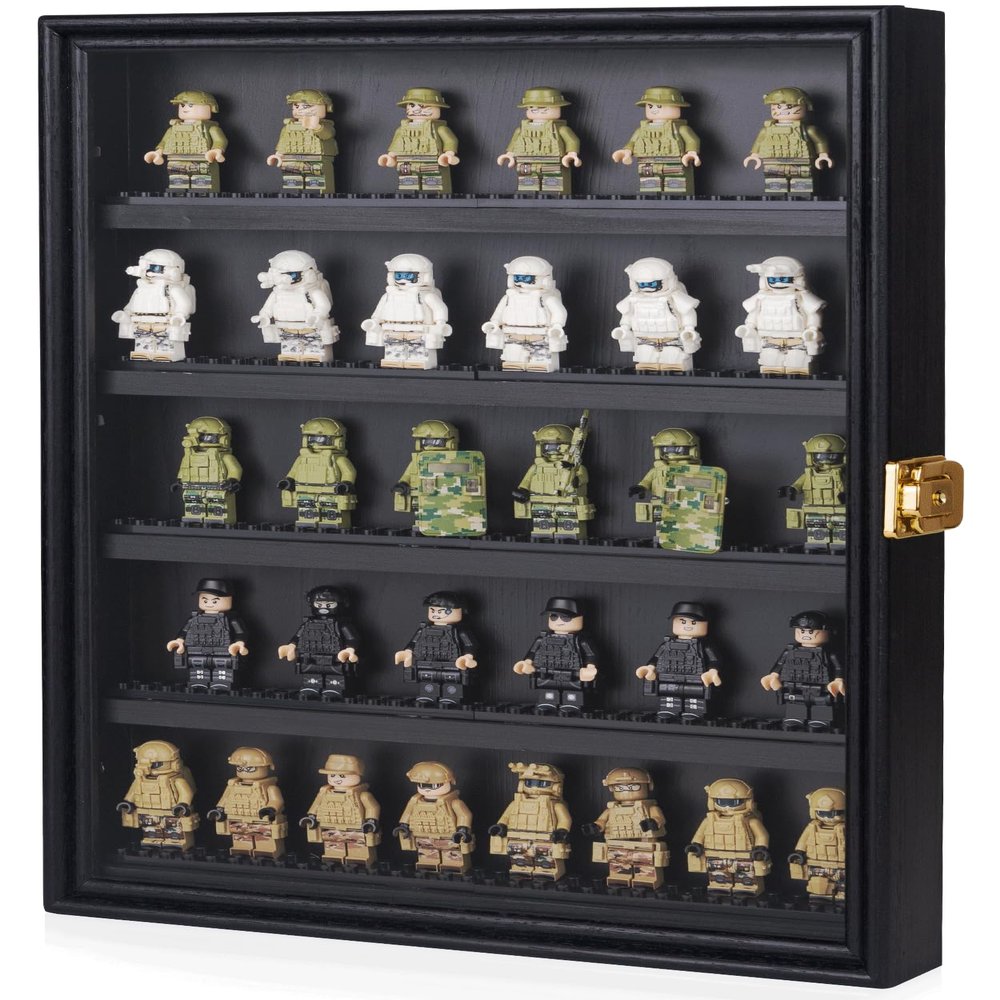 Minifigure Display Case 11X14 Inch with Lock,Figures Building Block Toy Wooden Shadow BoxMiniature Collectibles Display Cabinet Wall Mount or Tabletop for Storage Mini Figure Black