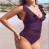 CUPSHE Women's Ruffled One Piece Swimsuit V Neck Lace Up, L Grape Purple view 3