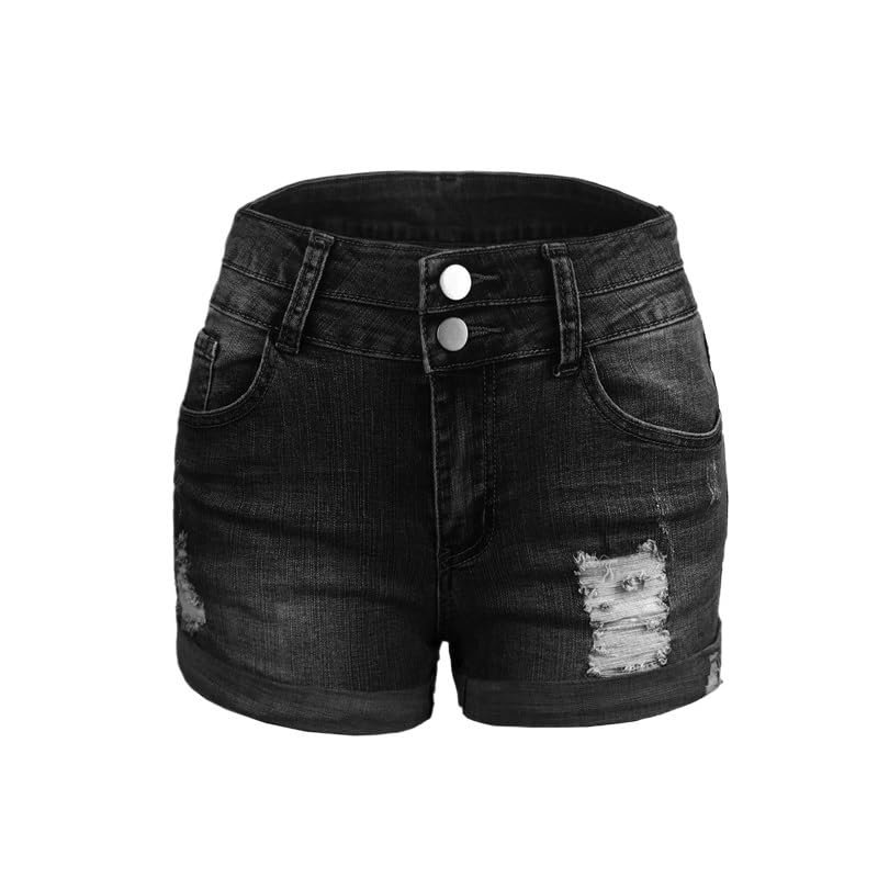 MSBFJIFSX Women's High Waist Double Button Splice Denim Shorts Commuter Broken Holes Three Quarter Pants Female Casual(Black,X-Large)