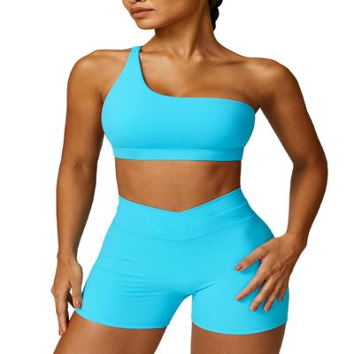 ABOCIW Workout Sets for Women 2 Piece One Shoulder Sports Bra Crossover High Waist Biker Shorts Yoga Gym Sets Blue Small