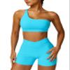 ABOCIW Workout Sets for Women 2 Piece One Shoulder Sports Bra Crossover High Waist Biker Shorts Yoga Gym Sets Blue Small view 1