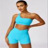 ABOCIW Workout Sets for Women 2 Piece One Shoulder Sports Bra Crossover High Waist Biker Shorts Yoga Gym Sets Blue Small view 2