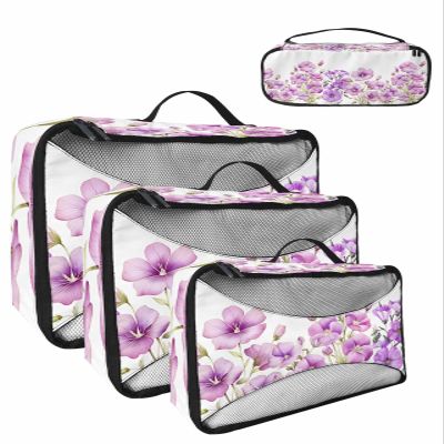 4 Set Packing Cubes - Spring Watercolor Purple Flowers Morning Glory White Packing Cubes for Carry on Suitcase Lightweight Travel Essential Bag for Clothes Shoes Cosmetics Toiletry