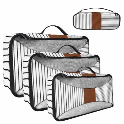 4 Set Packing Cubes - Boho Farmhouse Strape Texture White Packing Cubes for Carry on Suitcase Lightweight Travel Essential Bag for Clothes Shoes Cosmetics Toiletry