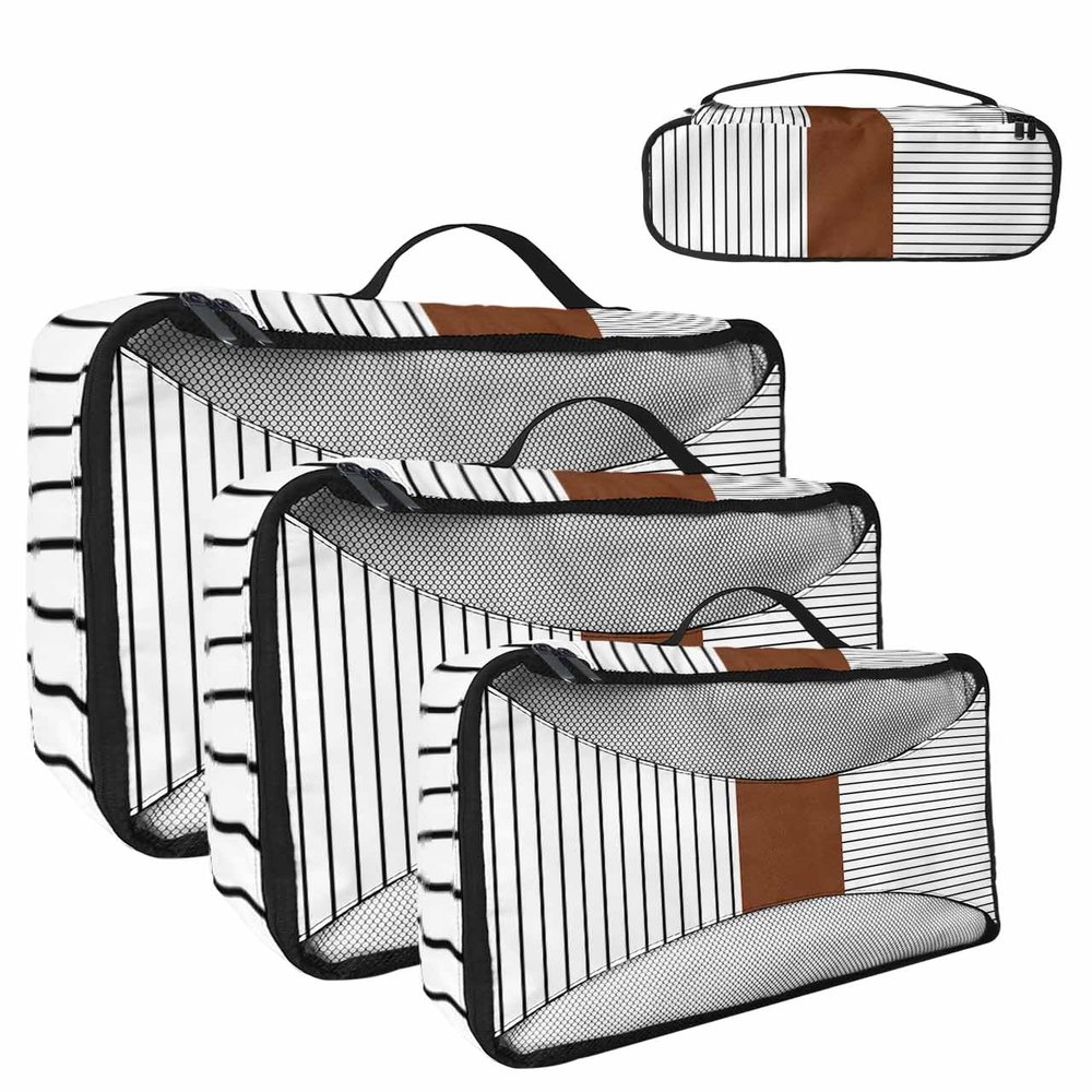 4 Set Packing Cubes - Boho Farmhouse Strape Texture White Packing Cubes for Carry on Suitcase Lightweight Travel Essential Bag for Clothes Shoes Cosmetics Toiletry