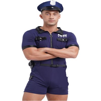 Hedmy Men's Sexy Short Sleeve Letter Print Rompers Jumpsuit Police Cosplay Sexy Costume Cop Outfits Navy Blue Medium