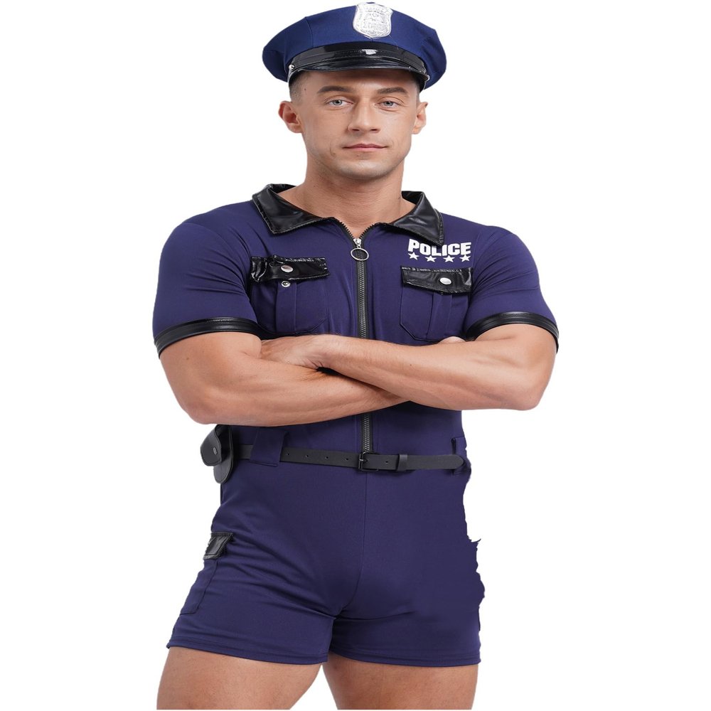 Hedmy Men's Sexy Short Sleeve Letter Print Rompers Jumpsuit Police Cosplay Sexy Costume Cop Outfits Navy Blue Medium