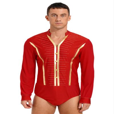 Yhong Men Latin Ballroom Dance Shirts V Neck Long Sleeve Tango Rumba Samba Dance Top Leotard Red Large