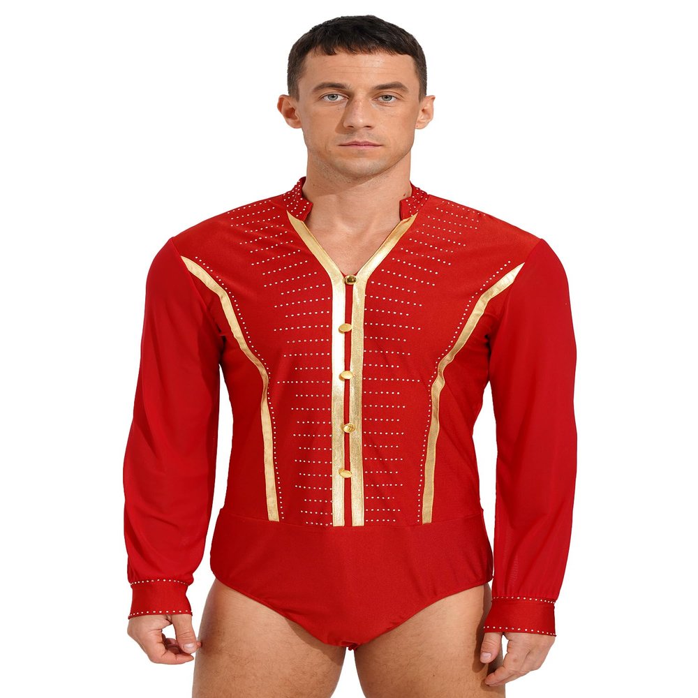 Yhong Men Latin Ballroom Dance Shirts V Neck Long Sleeve Tango Rumba Samba Dance Top Leotard Red Large