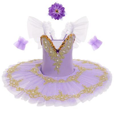 AFAVOM Ballerina Swan Lake Costume for Girls Camisole Skirted Leotard Ballet Dance Outfit with Hair Clip Armbands Sparkle Embroidery Hard Platter Tutu Performance Dancewear Dress Purple 3-4 Years